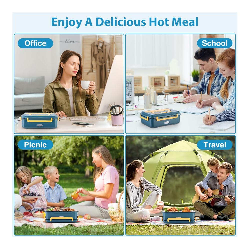 Elektrische Lunchbox 1.5L - Tragbare Brotdose mit 4 Abteilen & Besteck - Isolierte Tasche - Speisenwärmer für Auto Büro & Zuhause - 12V/24V/220V - Warmhaltefunktion - Ideal für unterwegs