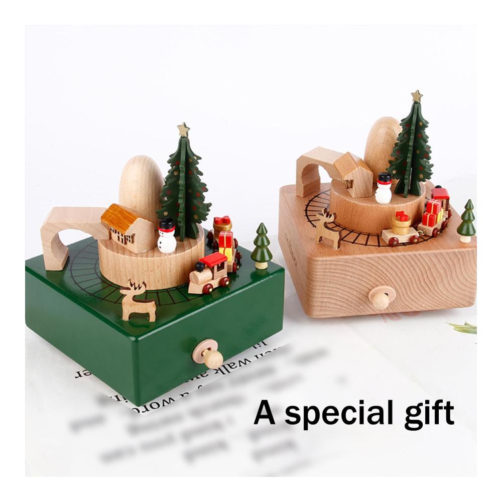 Handgefertigte Weihnachts-Spieluhr aus Buchenholz 14.5 * 13 * 18.5 cm - Spieluhr spielt fröhliche Weihnachtslieder mit drehbarem Zug - Kreatives Weihnachtsgeschenk für Weihnachten und Neuj