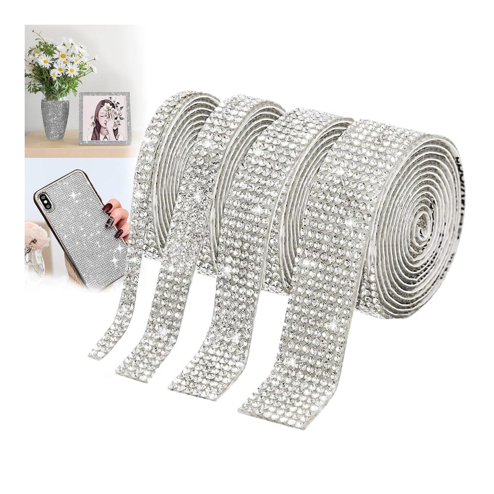 Bänder - Strasssteine Selbstklebend Kristall Diamant Band 4 Rollen - Glitzersteine Silber Strassband für DIY Deko - Perfekt für Kunsthandwerk Auto Telefon Hochzeit & Geburtstag