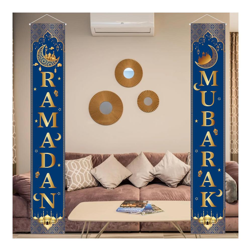 Entdecken Sie den Glanz von Ramadan 2er Set stilvolle Türbanner 708 x 118 in Schwarzgold. Exklusives Verandaschild für Ihre Ramadan-Dekorationen. Hochwertiges Türschild zum Aufhängen – Perfektes Banner für Ihr Ramadan-Haus
