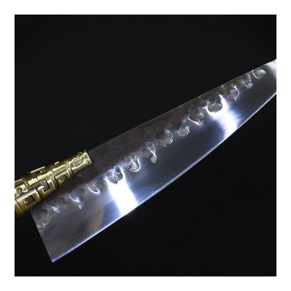 Profi Kochmesser 8-Zoll Handgefertigt aus Hochkarätigem Kohlenstoffstahl - Scharfes Sashimi Messer mit Kupfer-Dekor und Rosenholzgriff - Inklusive Klingenschutz und Gratis-Schleif