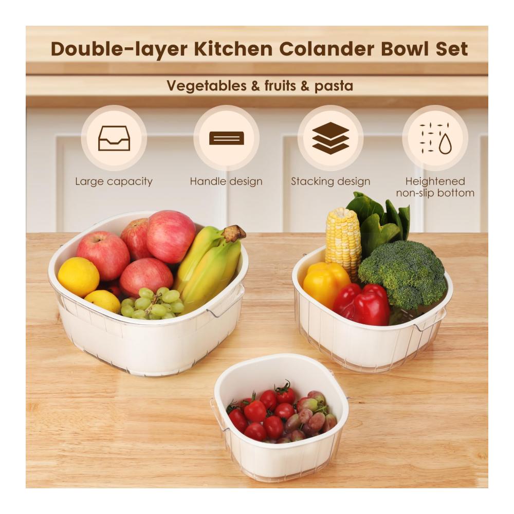 Premium 2-in-1 Siebsets (3er Pack) - Große 8 2 Quart Siebe und Seiher für Küche - BPA-frei doppellagig ideal für Obst Gemüse Nudeln Salat und Beeren - Leicht zu reinigen (weiß