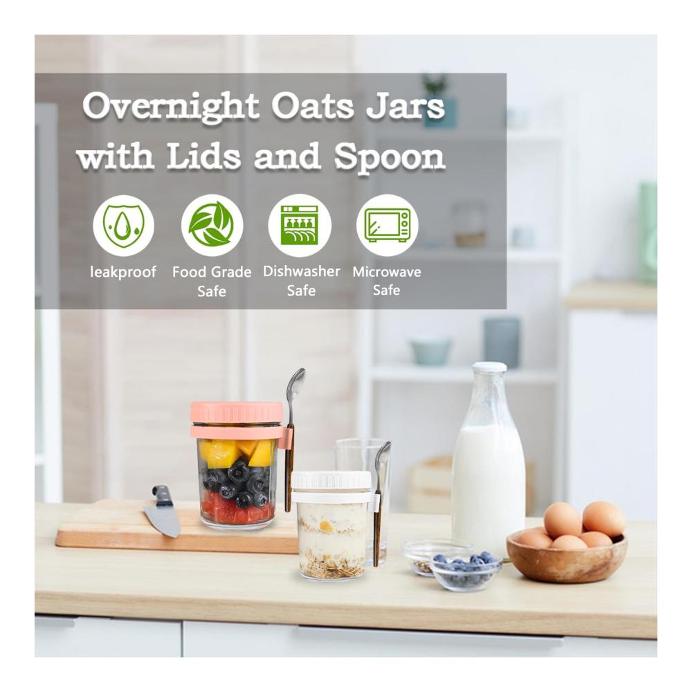 Praktische Müslidosen to go 4er Set Müslibecher mit Deckel und Löffel für unterwegs - Ideal für Overnight Oats Joghurt Obstsalat und mehr! 350ml Behälter für frisches Müsli Porridge und knusprige Cornflakes