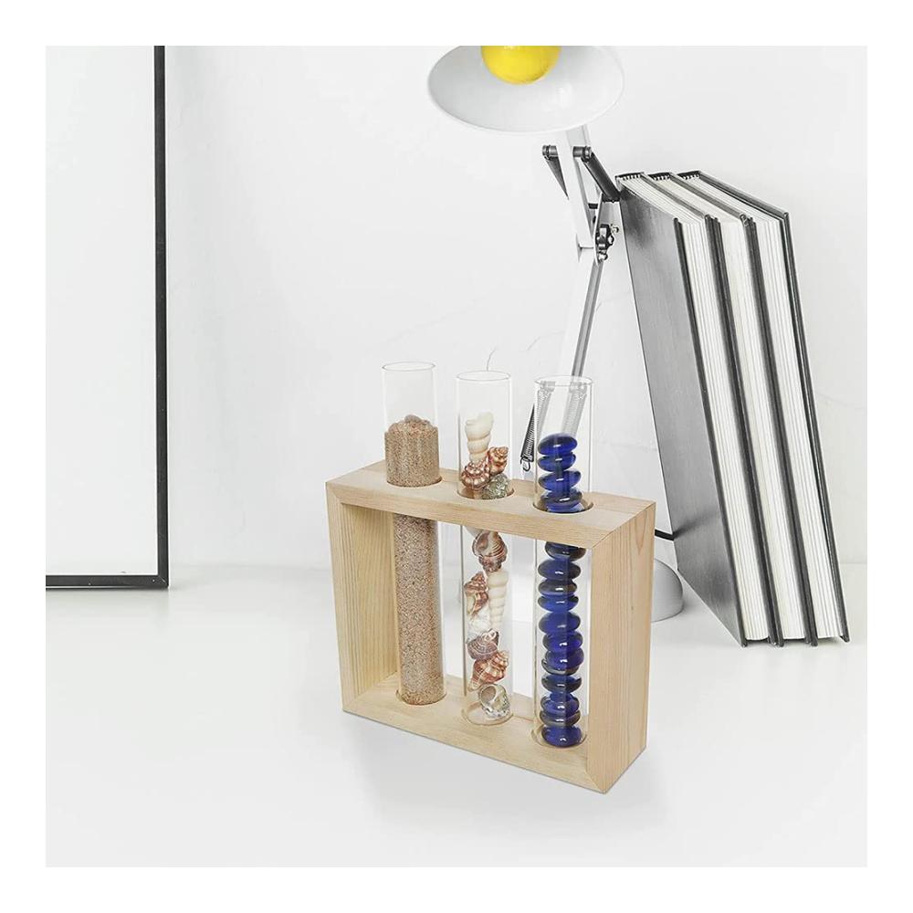Deko Vasen Set Vintage Glas Reagenzgläser in Holzhalterung für Hydrokultur Pflanzen & Terrarium Dekoration - Perfekt für Zuhause Büro & Garten