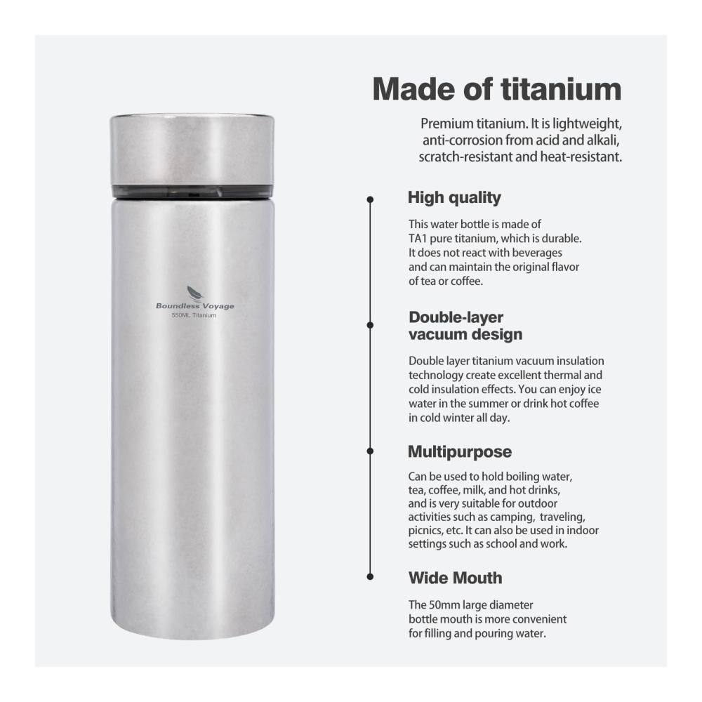 Hochwertige 550ml Titan Thermosflasche mit Filter für heiße und kalte Getränke. Perfekt für Sport Radfahren Wandern Camping und Büro. Leicht und tragbar