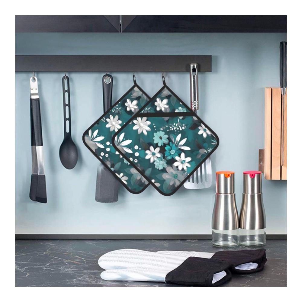 Isolierte Topflappen-Set (2-teilig) 203 x 203 cm Blaugrün/Weiß Blumendruck dick & langlebig - Verbrühungssicher & leicht zu reinigen - Perfekter Schutz für Ihre Hände beim Kochen & Backen
