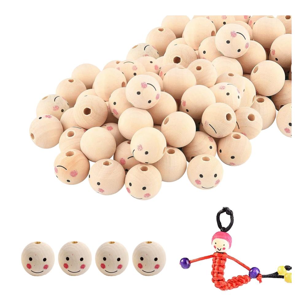 DIY Handwerksmaterial 80 Stk. Große Holzperlen 20mm mit Engelsgesicht für Schmuck & Puppen - Naturholzperlen Set für kreative Bastelprojekte