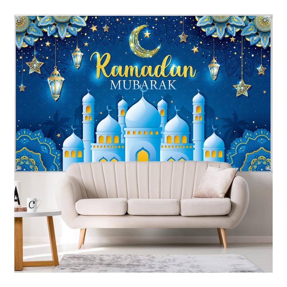 Exquisites Ramadan Dekorationsbanner - Stimmungsvolle Hintergrundgestaltung für Eid Feierlichkeiten - Muslimisches Festzubehör für zu Hause - Traditionelle Ramadan Mubarak Dekorationen (Blau