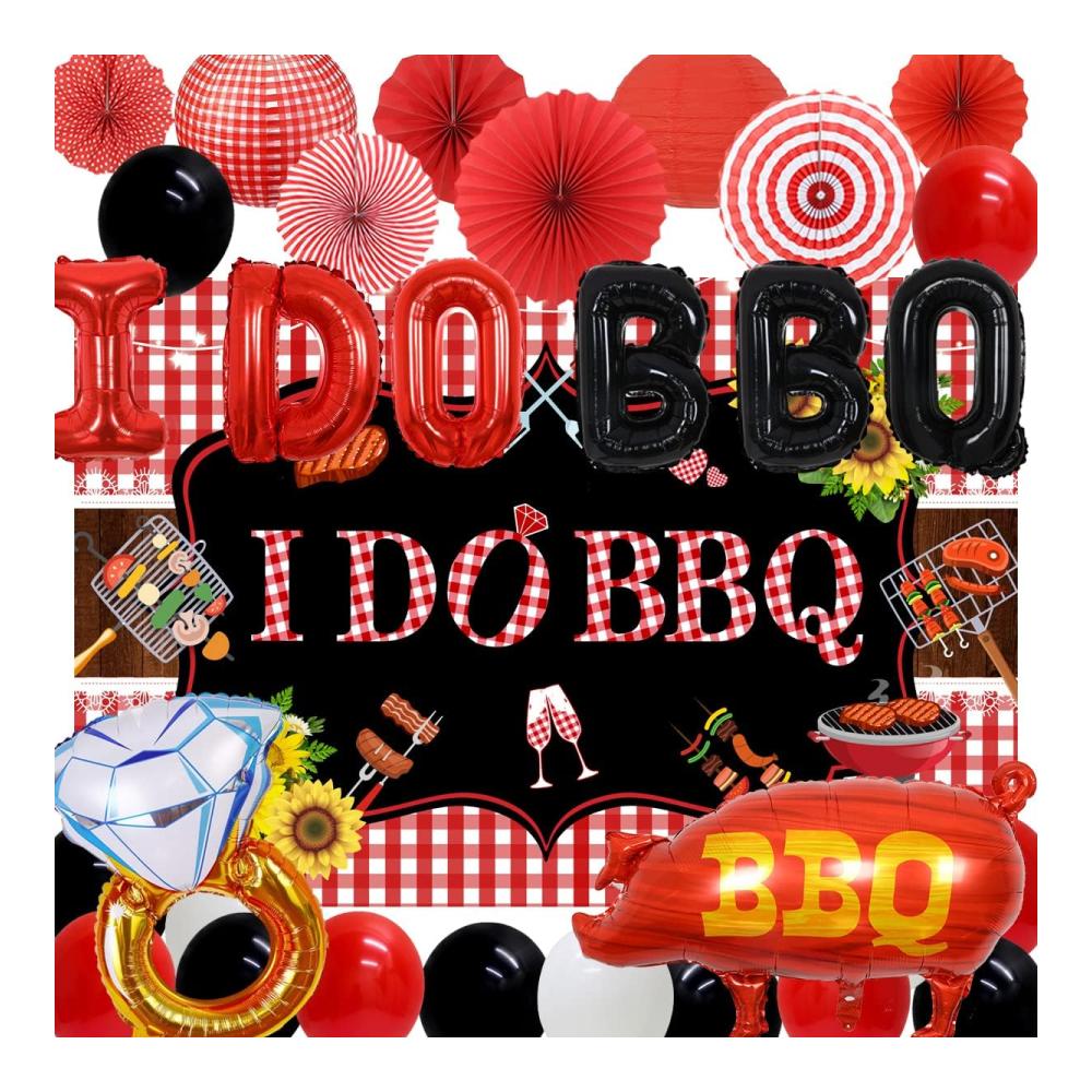 I Do BBQ Luftballon und Dekorationsset - Bachelorette-Party-Hintergrund mit Papierfächern und Picknick-Zubehör - Perfekte Dekorationen für Ihre Grillparty