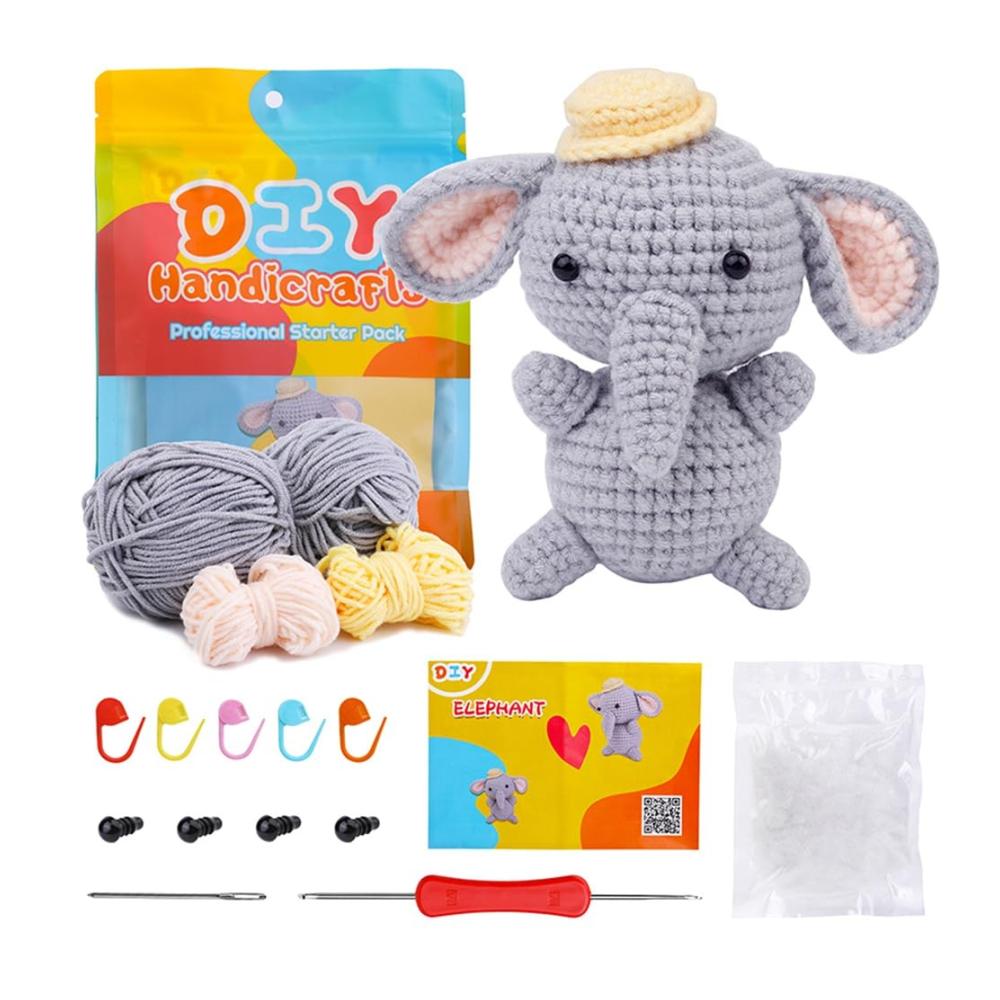 Häkelset für Elefanten Komplettes DIY-Kit inkl. Strickgarnnadeln & Anleitung - Einfache bezaubernde Plüschpuppe zum Selbermachen - Ideal für Anfänger