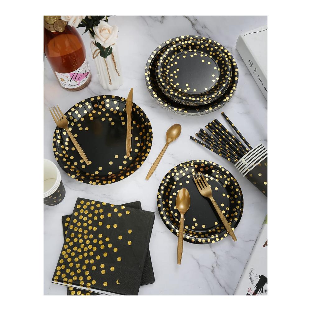 160-teiliges Elegantes Teller-Set in Schwarz & Gold für 20 Gäste - Perfekt für Geburtstage Hochzeiten & Jubiläen - Wiederverwendbare Pappteller Pappbecher Servietten & Strohhalme - Luxuriöses Partygeschirr