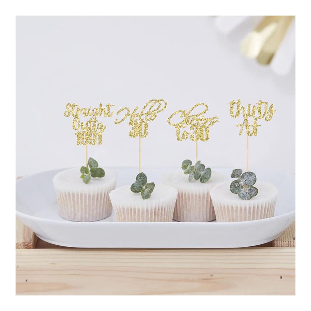 Verzaubern Sie Ihre Geburtstagsfeier mit Eleganz 48-teiliges Tortendekorationsset Gold Glitter - Hello 30 Cupcake Topper Jubiläumsfeier-Zubehör mit Glitzer für den perfekten 30. Geb