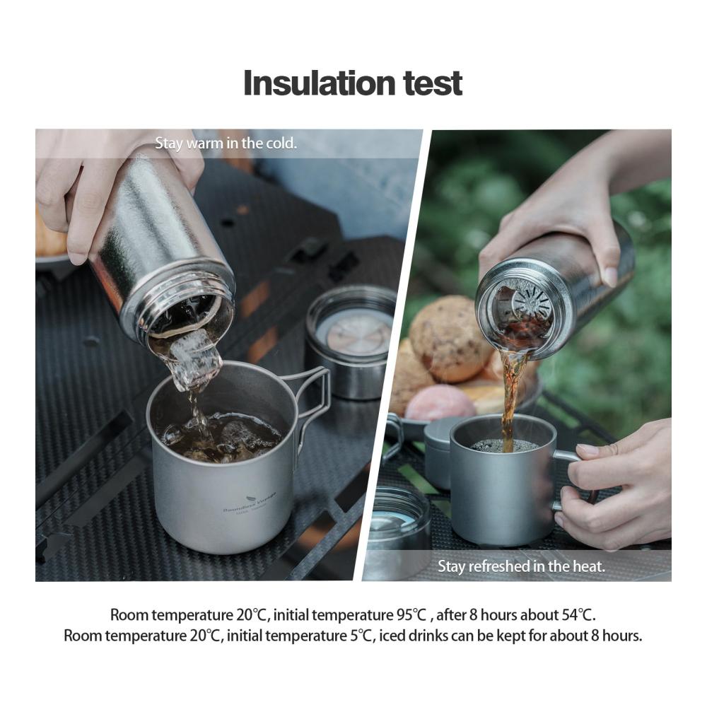 Hochwertige 550ml Titan Thermosflasche mit Filter für heiße und kalte Getränke. Perfekt für Sport Radfahren Wandern Camping und Büro. Leicht und tragbar