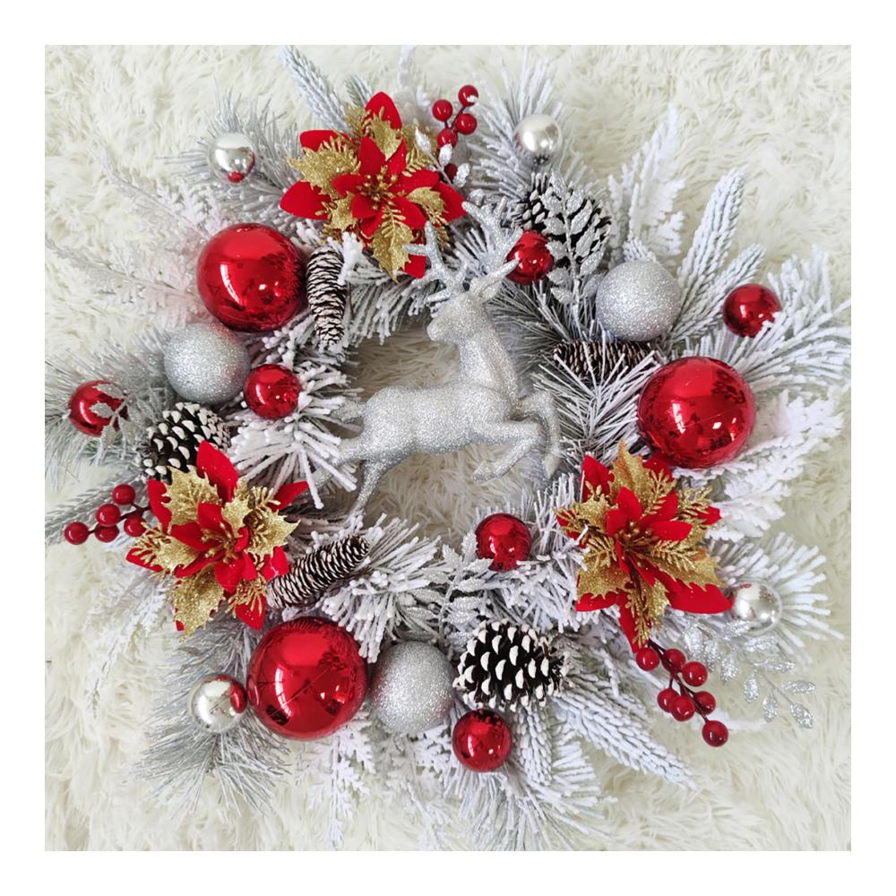 Exklusiver 45cm Weihnachtskranz - Schnee Beflockt Tannenzapfen Beeren Kugeln & Sterne - Weiß Gefrostet - Festlicher Türschmuck für Weihnachten - Großer Künstlicher Kranz & Girlanden Deko