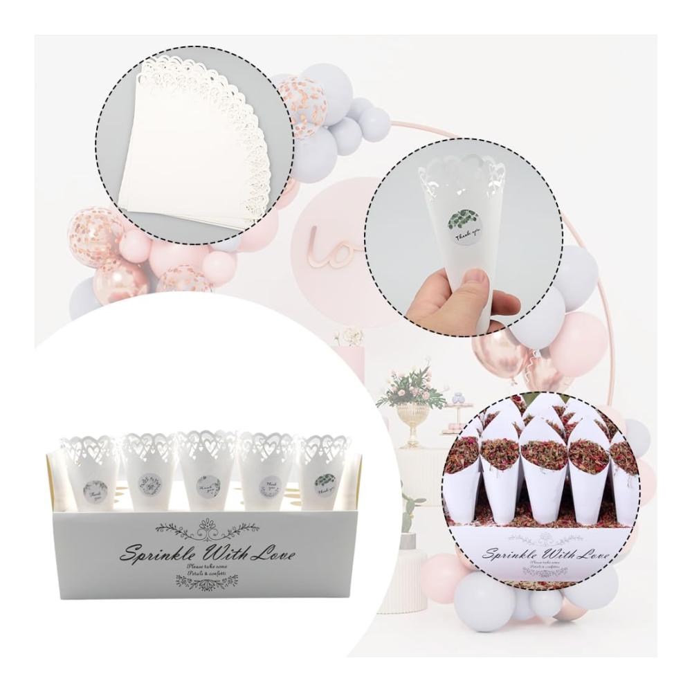 Hochzeit Konfetti Kegel 20 Stück - Premium Papier Kegelhalter für Konfetti Blütenblätter Süßigkeiten & mehr - Elegante Spitztüten mit Aufklebern - Perfekt für romantische Anlässe