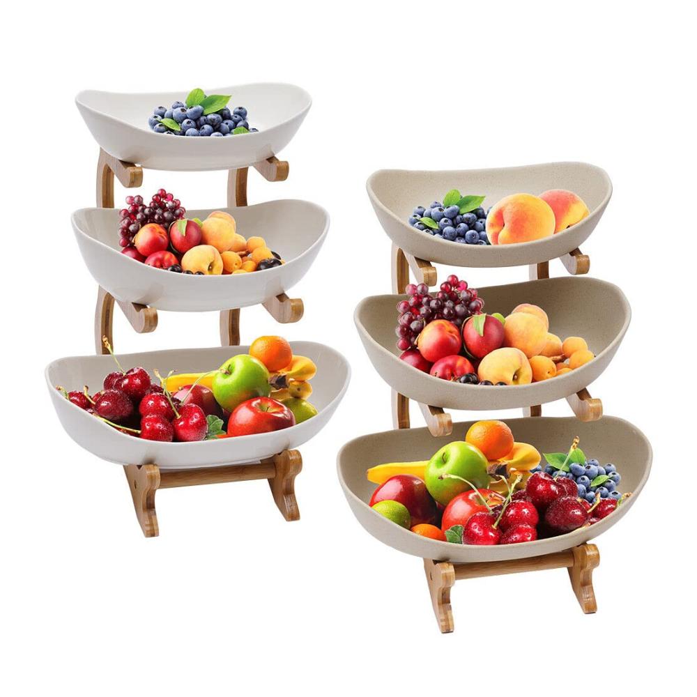Hochwertige Obstschalen Etagere aus Keramik | 3-stöckiger Porzellan Obstteller auf Bambusholz-Ständer | Attraktiver Frucht Snack Tortenständer | Praktischer Obstkorb Stand Inhaber (weiß