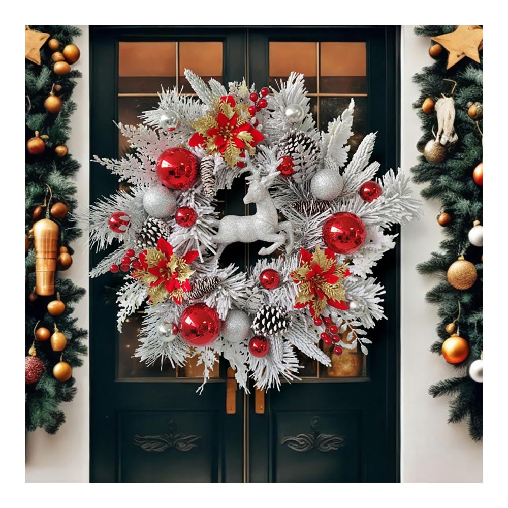 Exklusiver 45cm Weihnachtskranz - Schnee Beflockt Tannenzapfen Beeren Kugeln & Sterne - Weiß Gefrostet - Festlicher Türschmuck für Weihnachten - Großer Künstlicher Kranz & Girlanden Deko