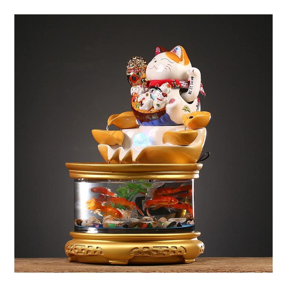 Tischspringbrunnen Moderner Tischbrunnen mit Wasserglas und Aquarium für Büro und Schreibtisch – Glückliche Katze und dekorative Ornamente