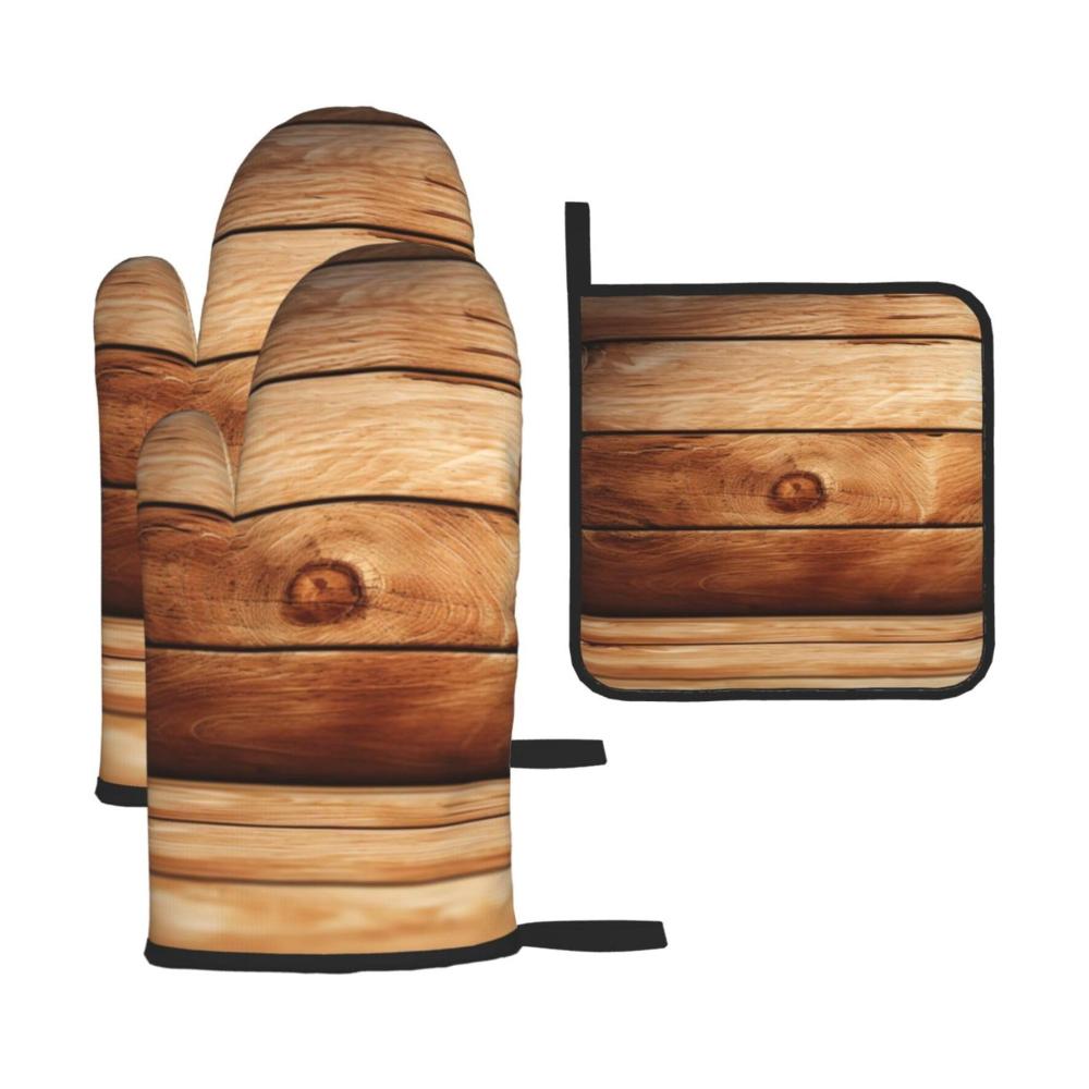 Premium Ofenhandschuhe und Topflappen aus hitzebeständigem Holz - 3er Set wasserdicht bedruckt Braun | Mit praktischer Aufhängeschlaufe | Ideales Küchenaccessoire für