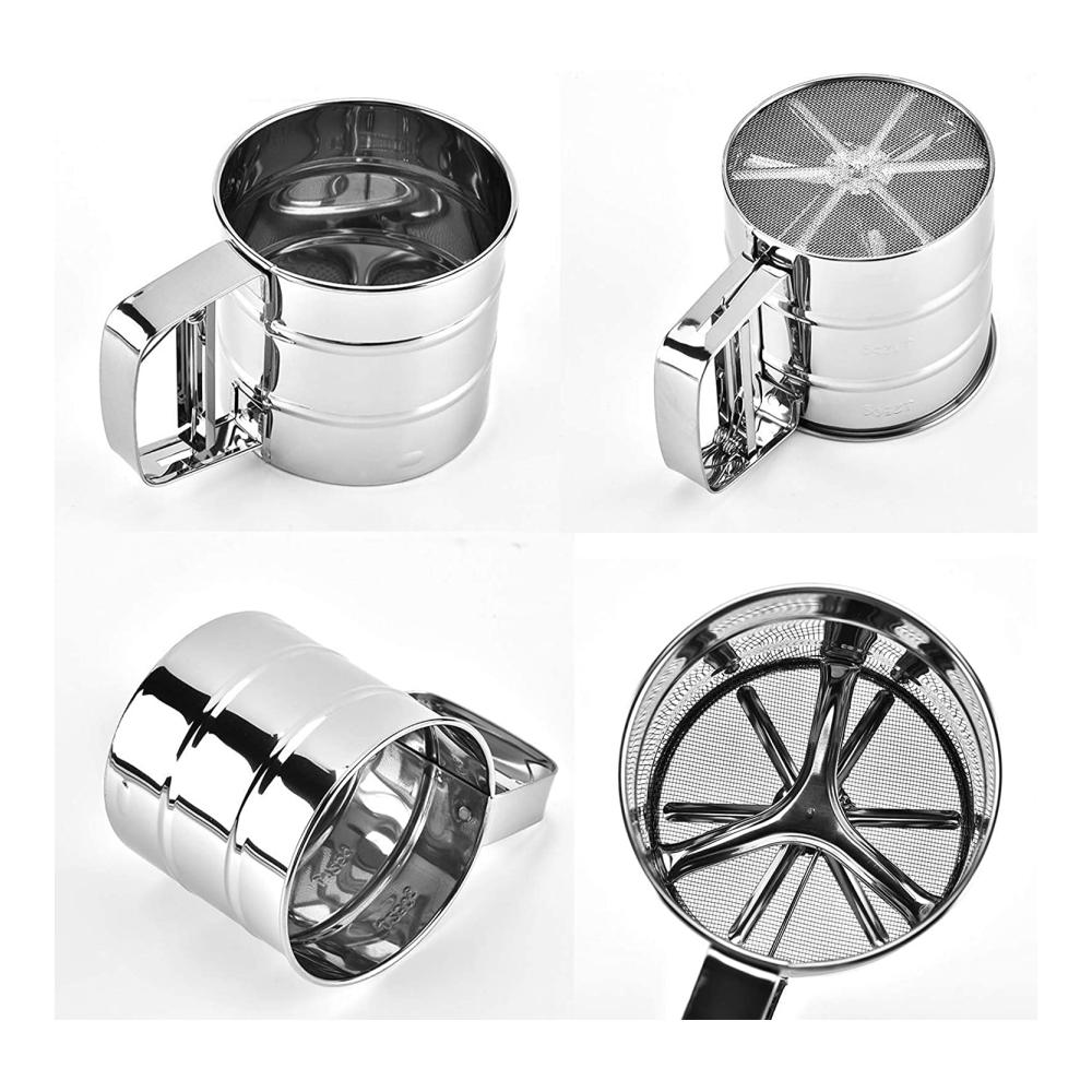 Professionelles Mehlsieb-Set aus Edelstahl 304 | Einhandsieb für feinstes Backen | Inklusive 4-teiligem Zubehör Mehllöffel und Teigschaber | Küchensieb für müheloses Bemehlen und Sieben