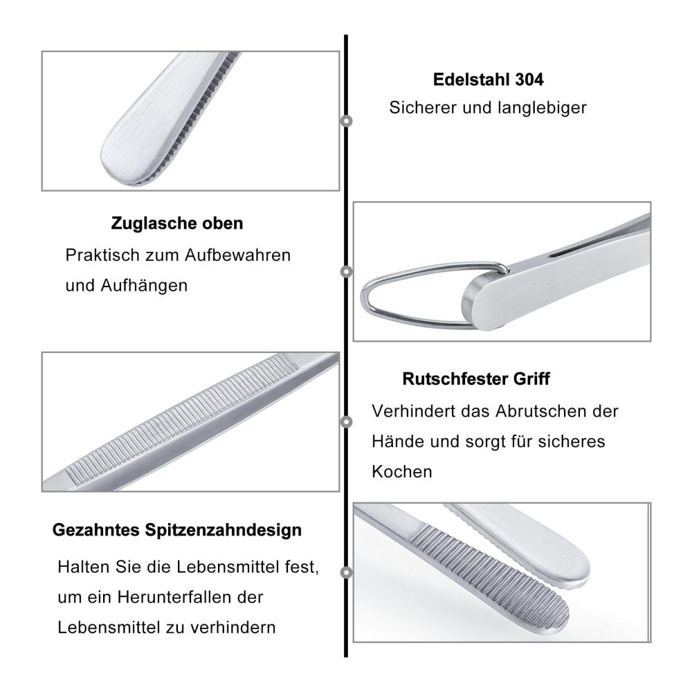 Entdecken Sie Perfektion beim Kochen mit unserer hochwertigen Zangenkollektion - Präzisionszangen mit gezackten Spitzen 32 cm Länge ideal für Grillen Beschichten und Servieren. Hergestellt aus rostfreiem Edelstahl inklusive praktischem Haken. Profi-Kochpinzetten für kulinarische Meisterwerke