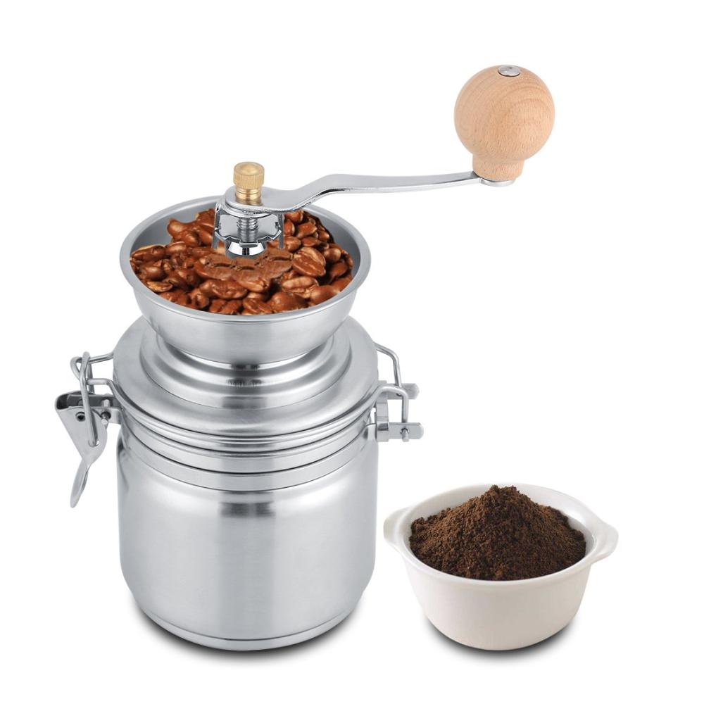Manuelle Kaffeemühle aus Edelstahl - Vielseitige Handkurbelmühle für Kaffee Gewürze & Nüsse Ideal für Büro & Café Robust & Tragbar Perfektes Barista-Tool in Silber