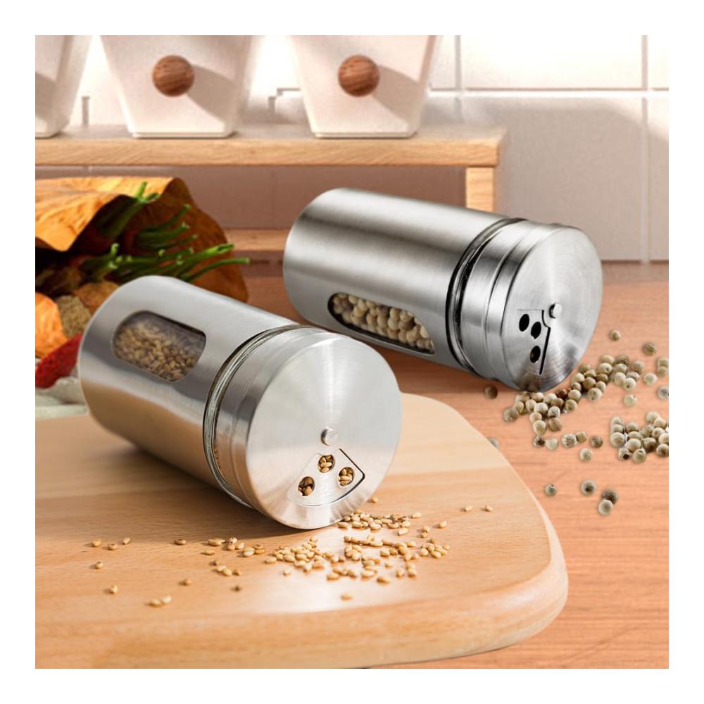 6er Set Gewürzstreuer aus Edelstahl | 100ml Gewürzdosen mit Sichtfenster | Runde Gewürzgläser mit Metall Streueinsatz | Perfekte Aufbewahrung für Salz Pfeffer & Gewürze | Küchen Organizer (Silber