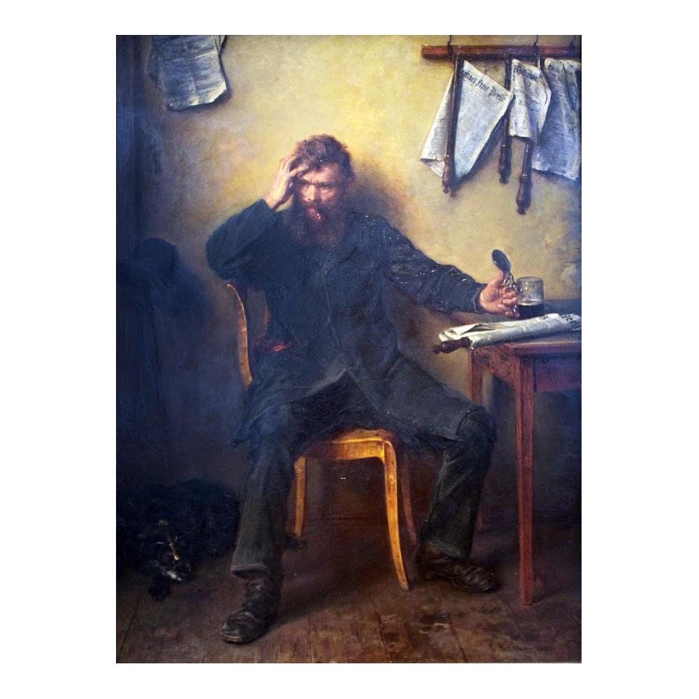 Premium Malkarton-Leinwand Wandkunst Ölgemälde - Der Unzufriedene von Ludwig Knaus - 60x90cm - Dekorative Poster für stilvolle Wanddekoration