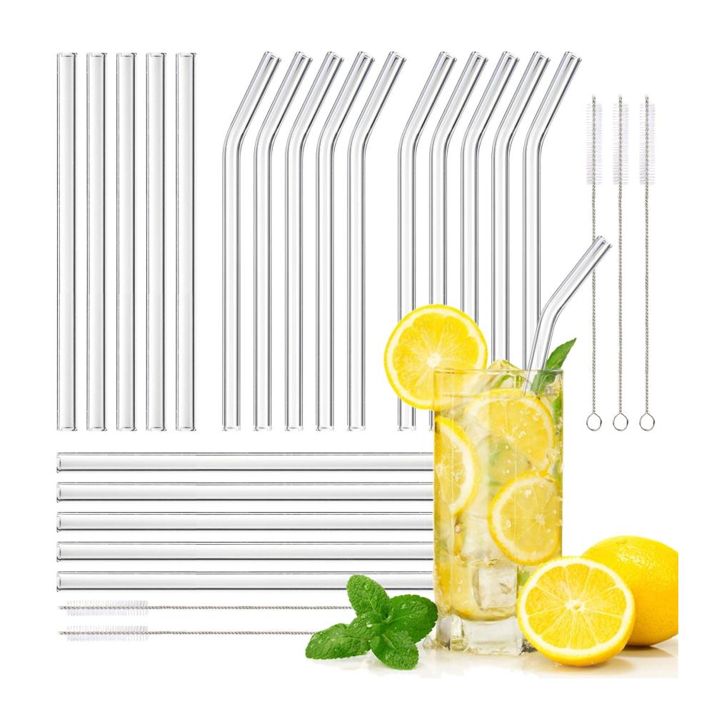 Nachhaltige Erfrischung 20 Wiederverwendbare Glas Strohhalme - Klare Trinkhalme für Cocktails Smoothies und Säfte - Inklusive 10 Gerader und 10 Gebogener Glasstrohhalme - Mit 5 Reinigungsbürsten für mühelose Pflege