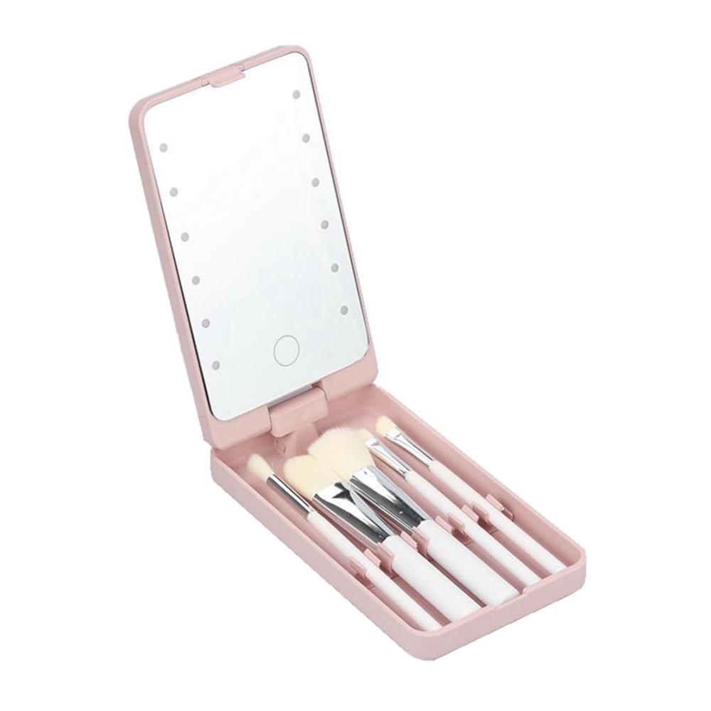Schminkspiegel mit LED-Beleuchtung und Pinselhalterung - Tragbarer Tischspiegel für Make-up unterwegs - Klappbarer Spiegel mit Aufbewahrungsbox