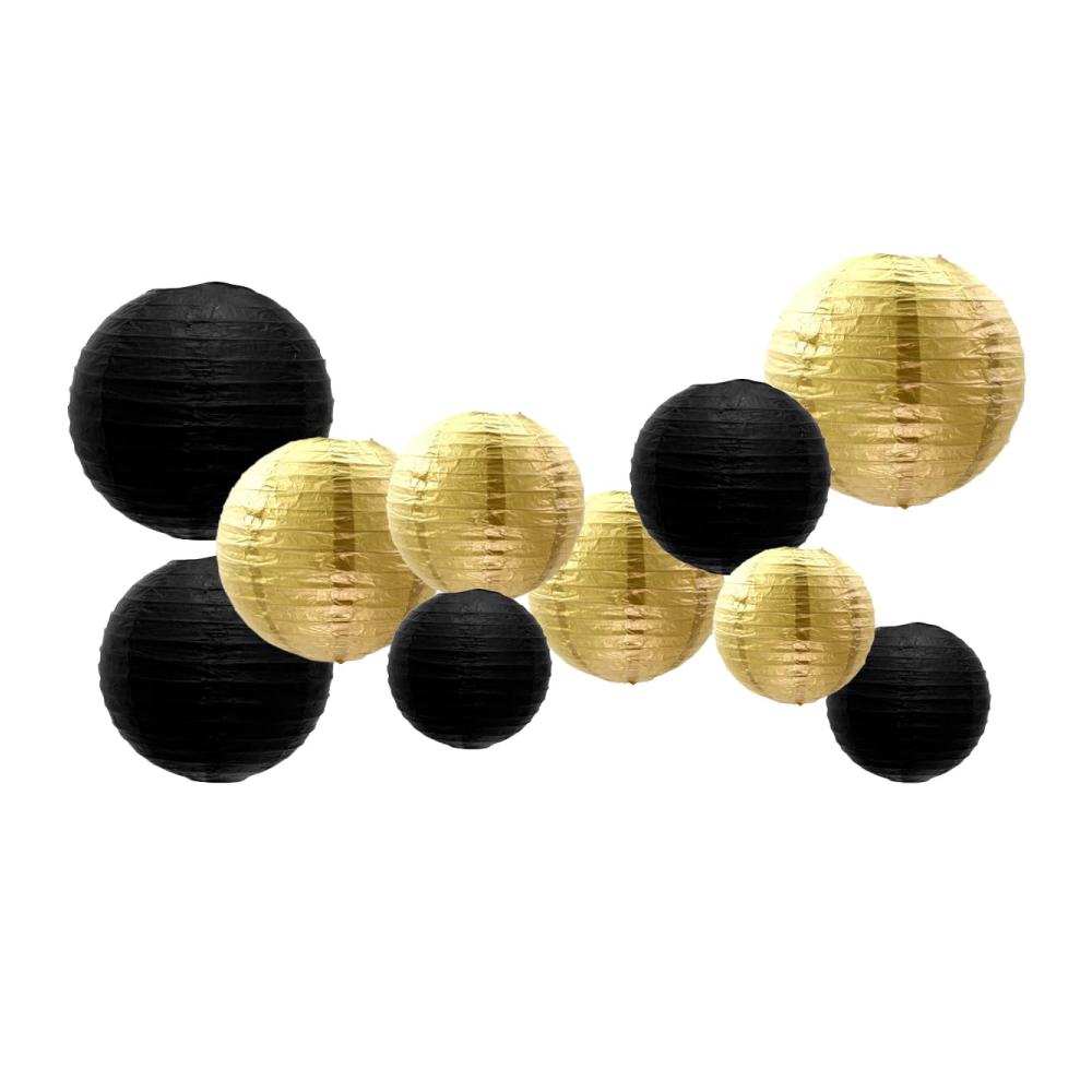 Exklusives 10er Papier Lampions Set in Schwarz und Gold – Perfekte Hängedekoration für Hochzeit Taufe Geburtstag Kommunion Valentinstag Muttertag und Partys. Elegante Papier Laternen Deko für besondere Anlässe