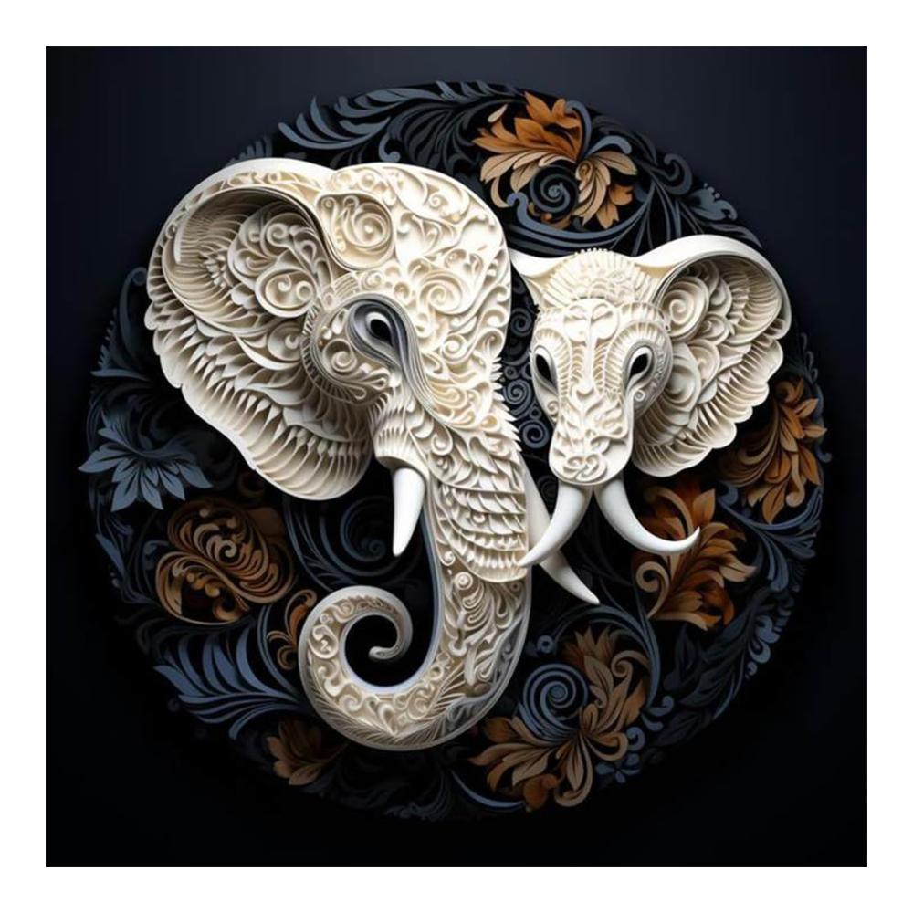 Kreatives DIY-Glasmalerei-Set 5D Diamantgemälde - Weiße Elefant-Reliefs im runden Bohrer-Stil für Heimdekoration - 30 x 30 cm