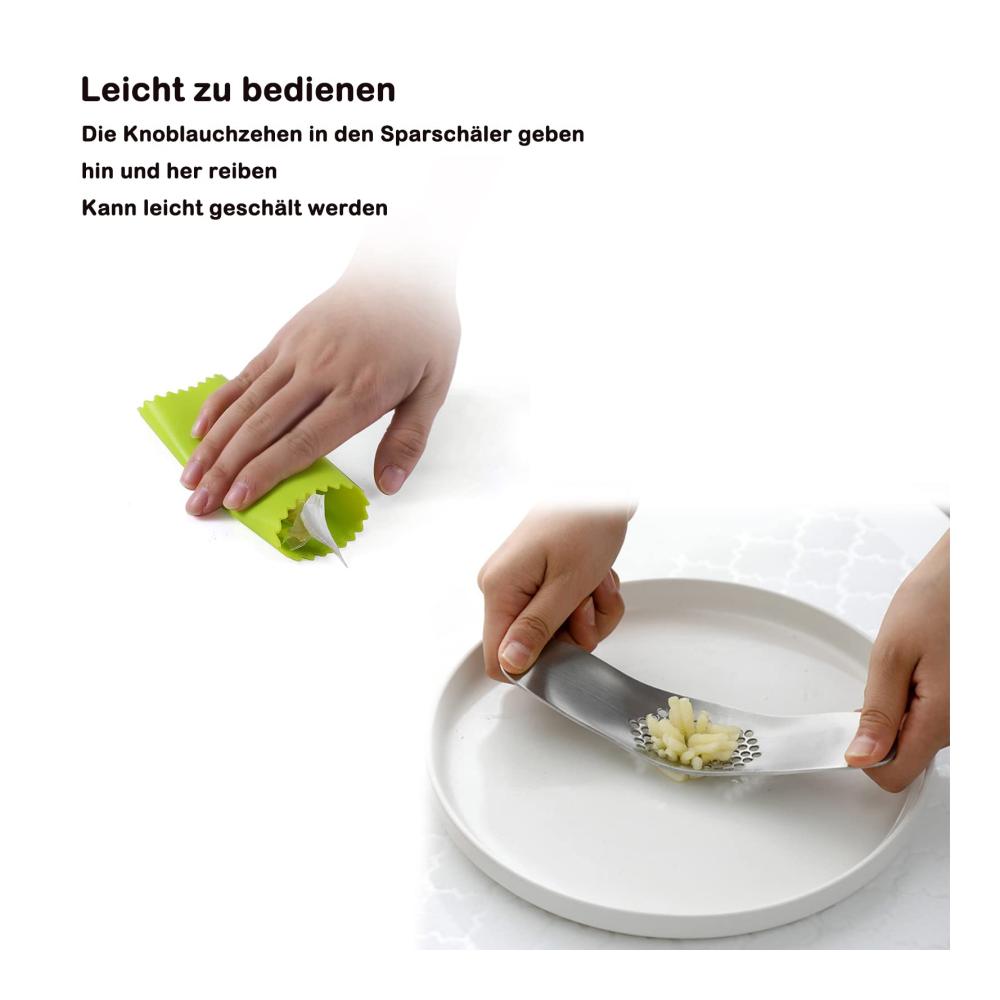 Premium Knoblauchpresse Set - Edelstahl Wippe mit Silikon-Schäler - Ergonomisches Design für müheloses Pressen - Inklusive 2 Werkzeugen zur Knoblauchherstellung - MOJOTIC Qualitätsgarantie