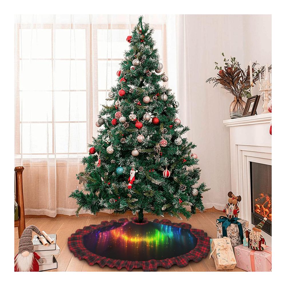 Stilvoller Farmhouse Weihnachtsbaumständer Regenbogen-Neon-Print & Büffel-Plaid. Perfekte Weihnachtsdekoration für Xmas & Neujahr. Schwarz-Rot