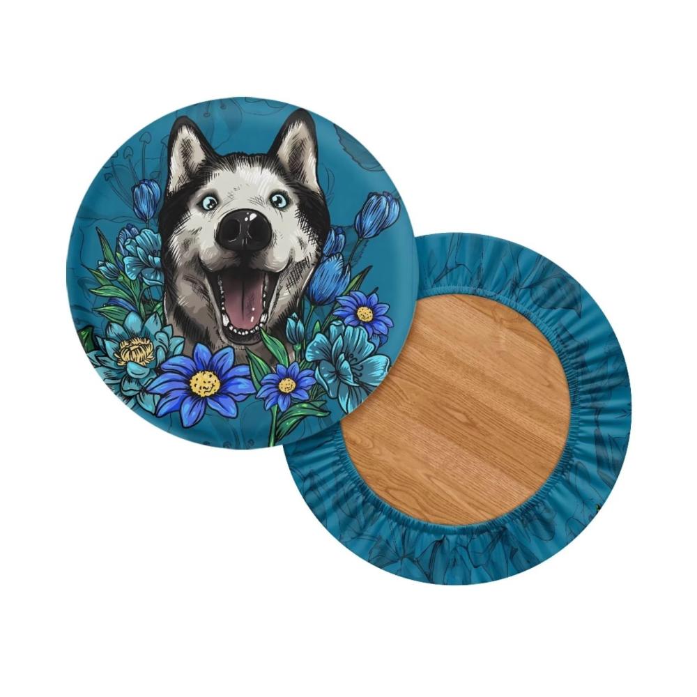 Husky Dog Sitzauflagen-Set mit Blumendruck | Hochelastische Bezüge für runde Barhocker | Weich & pflegeleicht | 2er-Set Sitzkissenbezüge | Mittlere Größe