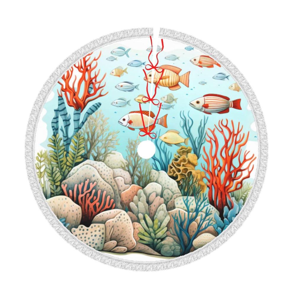 Stilvoller Cartoon Unterwasser-Korallenfisch Weihnachtsbaumständer Festlicher 48-Zoll-Rock mit Quaste perfekte Matte für Xmas Decor