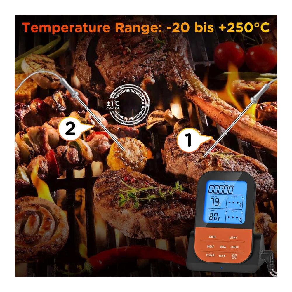 Digitales Bratenthermometer mit Timer kabellos LCD-Display und 2 Sonden für BBQ Grill und Backofen - Fleischthermometer für perfekte Kerntemperatur - Grillzubehör inklusive Funktechn