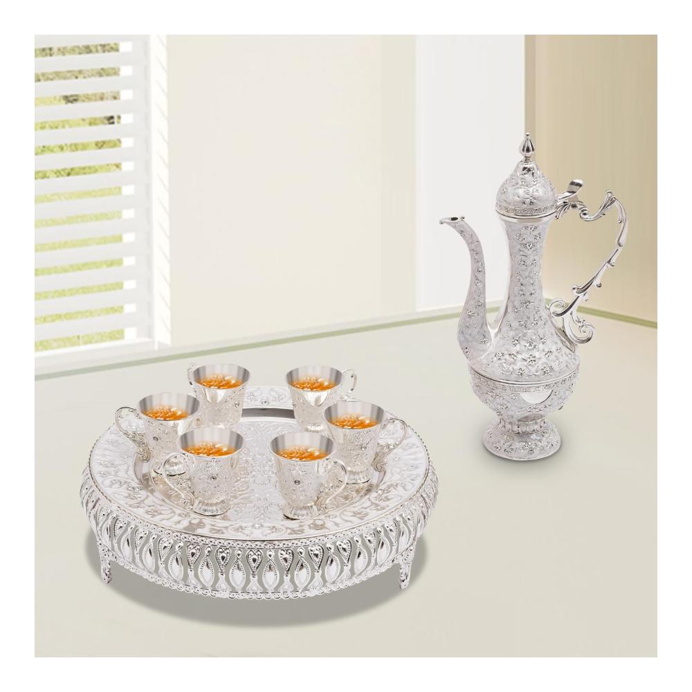 Exklusives Türkische Kaffeekanne & Teeset - Vintage Design mit Tablett und 6 Teegläsern | Edles Türkisches Teeset - Perfekt für Home Tea Party | Ornamentierte Teekanne in Silber für Genussmomente
