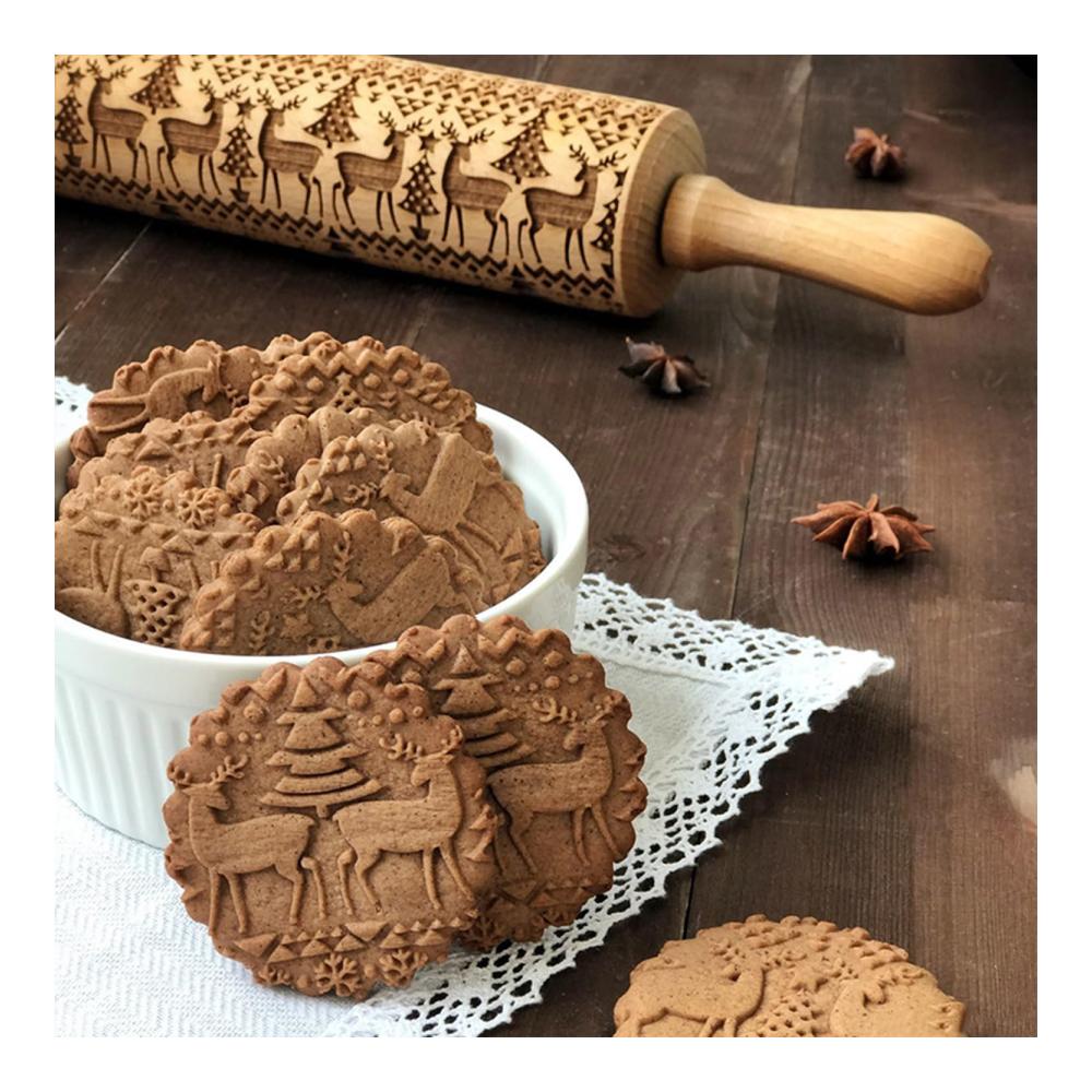 Holen Sie sich den festlichen Teigspaß! Teigroller Weihnachten - Buche Geschnitztes Nudelholz mit Weihnachtsmustern - DIY Backzubehör für die Feiertage - Ideales Geschenk für Backliebhaber