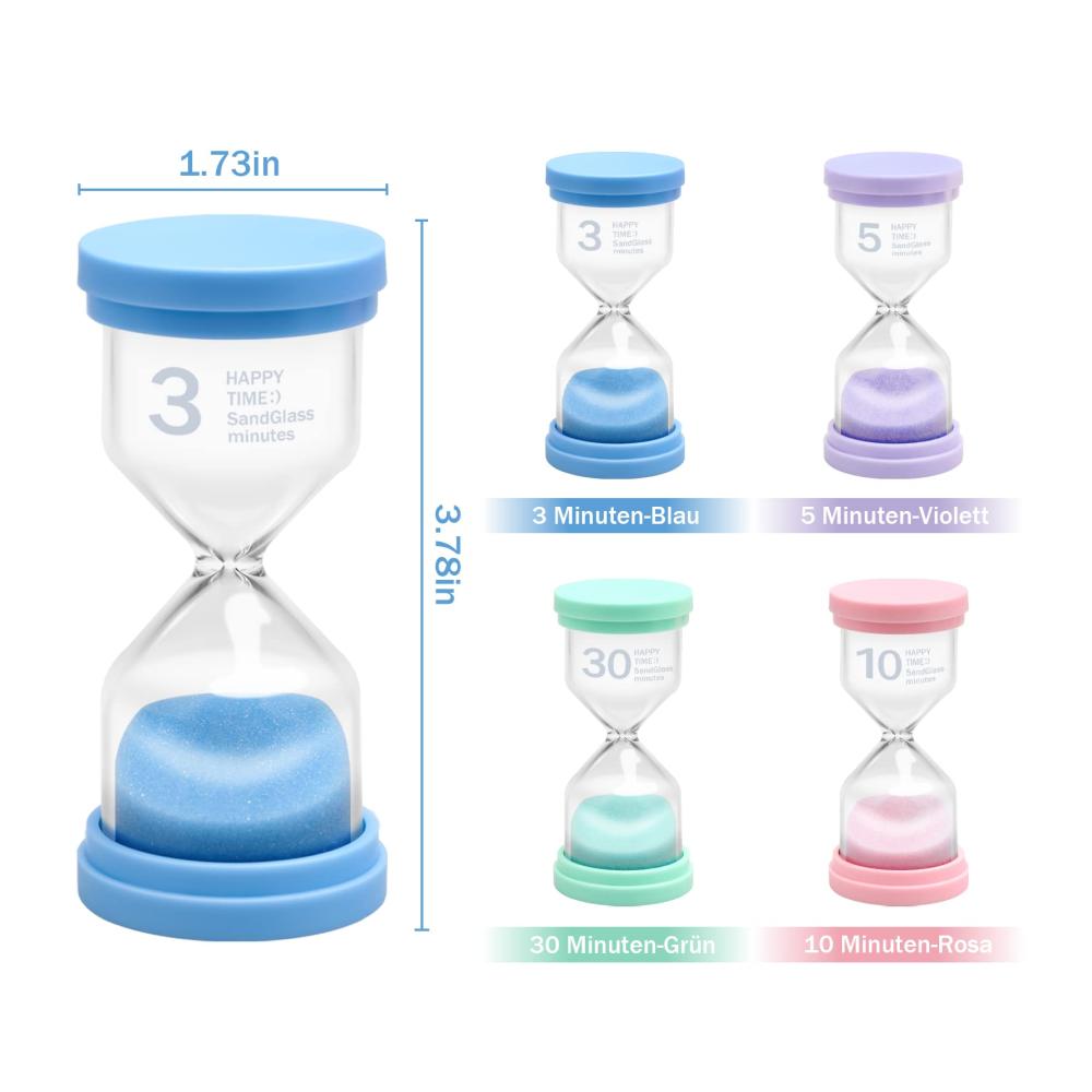 Entdecken Sie die Magie der Zeit mit unserem Eieruhren Set 3 Min 5 Min 10 Min 30 Min Sanduhren - GlasTimer für präzises Timing. Perfekt für Kinder Zähneputzen Spiele Büro und Küche. Ein farbenfrohes Deko-Set für jeden Anlass