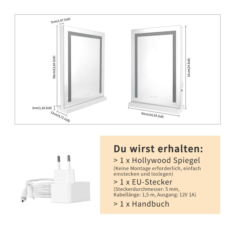 LED Tischspiegel mit USB-Ladefunktion | 43x61cm Schminkspiegel für Große | Touch-Steuerung & 3 Lichtfarben | Makeup-Spiegel Hochkant für Perfektes Styling | Weiß