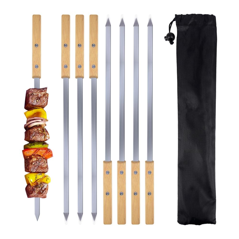 Hochwertige Grill- & Schaschlikspieße 8er-Set mit 42 cm Flachprofil Buchenholzgriffen. Ideal für Adana türkische Kebab und lange Fleischspieße. Inklusive praktischer Tasche