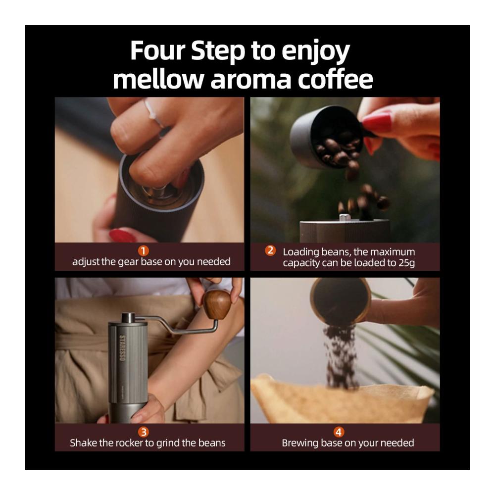 Entdecken Sie die STARESSO Manuelle Kaffeemühle – Espresso Mühle mit präzisen Einstellungen aus Edelstahl für unterwegs! Ideal für Camping und Reisen 35g Kapazität konische Mahlwerke (D