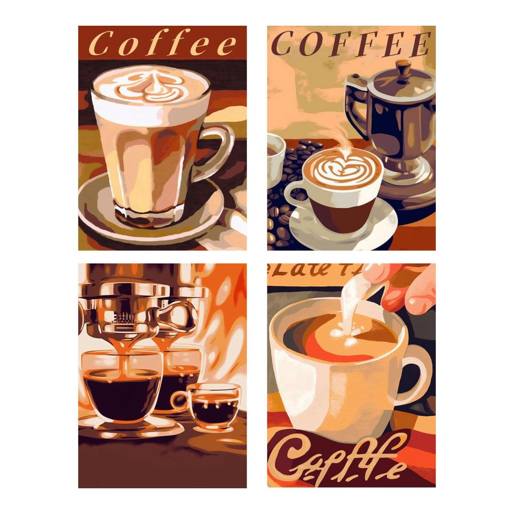 Diamond Painting Sets Kaffeetasse & Untertasse Briefe Nach Anzahl Kits - 5D Diamant Malerei mit Vollbohrer-Diamanten für Wanddekoration - 30x40 cm - 4er-Pack