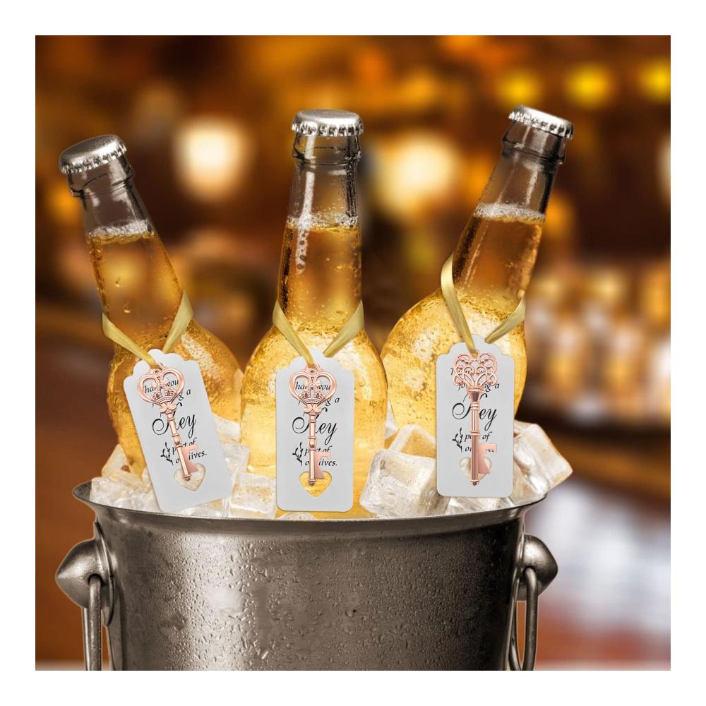 Exklusives Set 40 stilvolle Roségold Schlüssel Flaschenöffner mit Geschenkanhängern in transparenter Tasche - Perfektes Partyzubehör für Hochzeiten und Veranstaltungen Antik-Rustikale Dekoration für unvergessliche Feiern