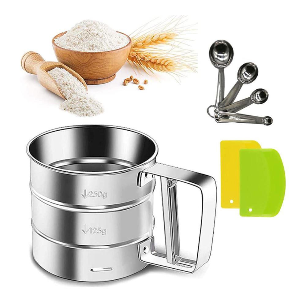Professionelles Mehlsieb-Set aus Edelstahl 304 | Einhandsieb für feinstes Backen | Inklusive 4-teiligem Zubehör Mehllöffel und Teigschaber | Küchensieb für müheloses Bemehlen und Sieben