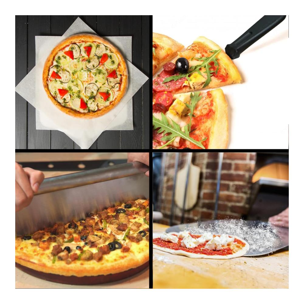 Premium Pizzastein-Set mit Extra Großem Aluminium Pizzaschieber (35.7x30.5cm) Einklappbarem Holzgriff & Pizzamesser - Ideale Pizzaschaufel für Grill & Ofen Perfekt für Große Pizzas