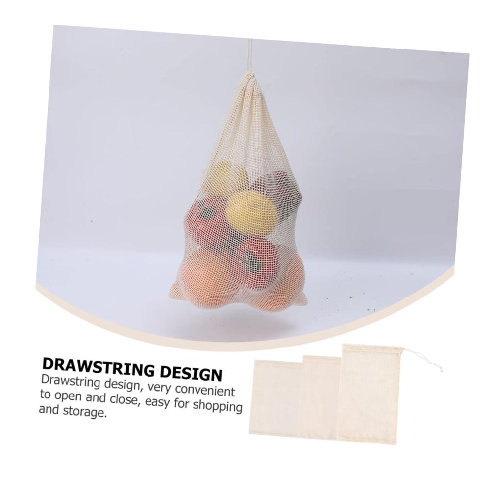 Entdecken Sie die Nachhaltigkeit 3er Set Wiederverwendbare Baumwollnetz Taschen mit Kordelzug - Umweltfreundliche Einkaufstaschen für Markt und Haushalt - Ideale Netztaschen für Gemüse und stilvolles Wohnen