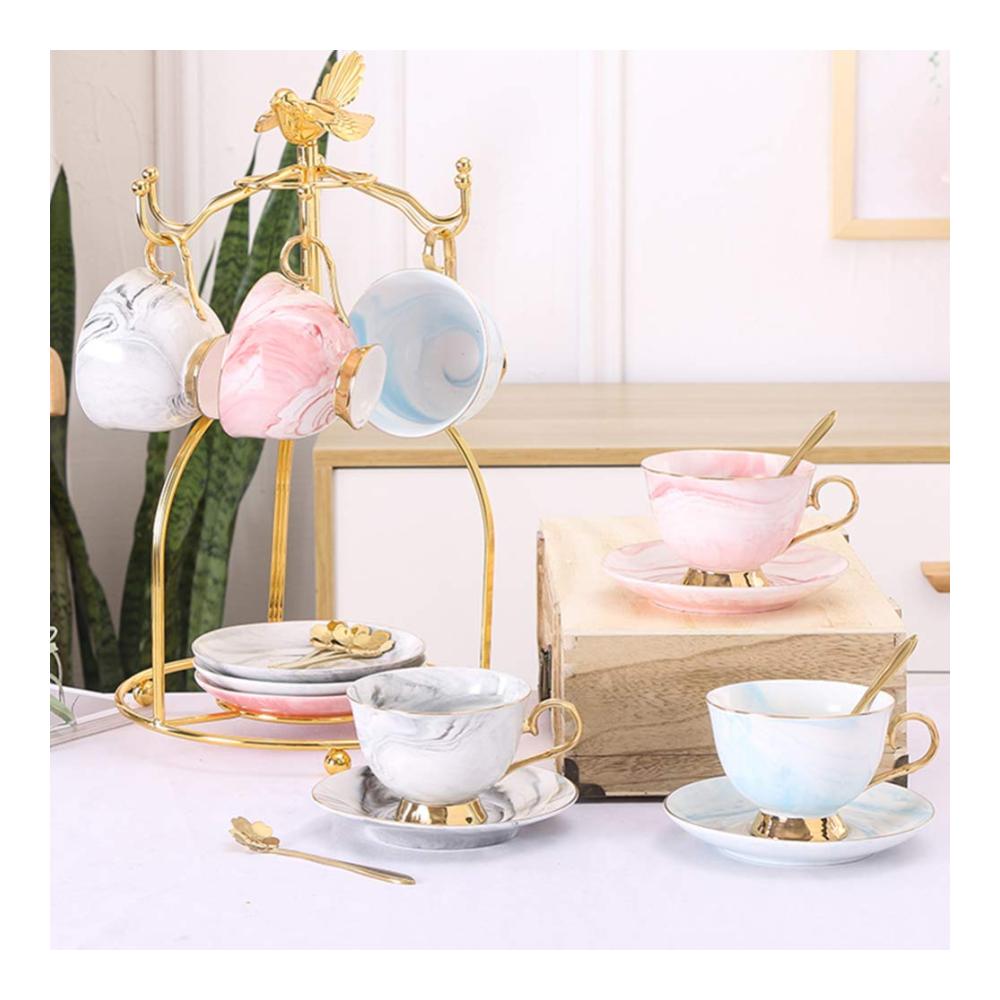 Exquisites Kaffeetassen- & Untertassenset 250 ml edler rosegoldener Rand stilvoller Marmor-Look aus hochwertiger Keramik für perfekten Genuss von Kaffee Tee Latte Mokka und mehr! Ideal für zu Hause oder
