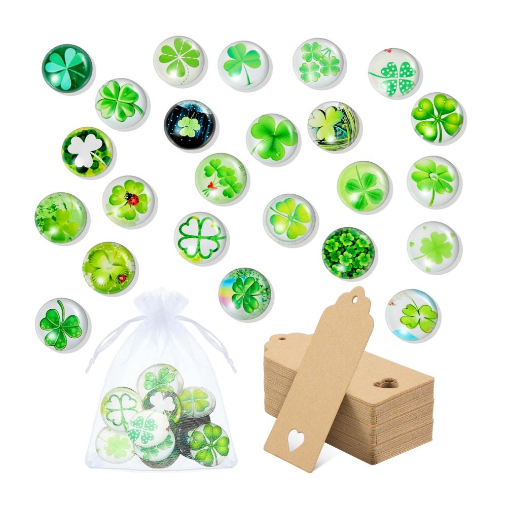 Glücksklee Granulate 24er Set Glückssteine 25mm Bunte Glassteine mit Organzasäckchen und Geschenkanhänger - Perfekte Glücksbringer für jede Gelegenheit